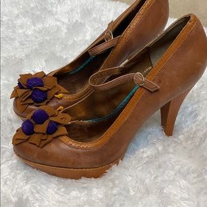 Brown Leather Heels with Purple Floral Accents